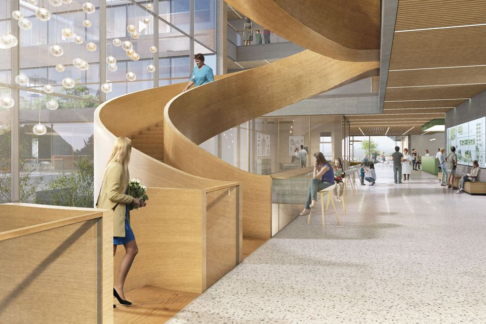 Visualisation of a light-flooded stairwell with a curved wooden spiral staircase, generous glazing and open lounge areas that emphasise transparency and spatial quality.
