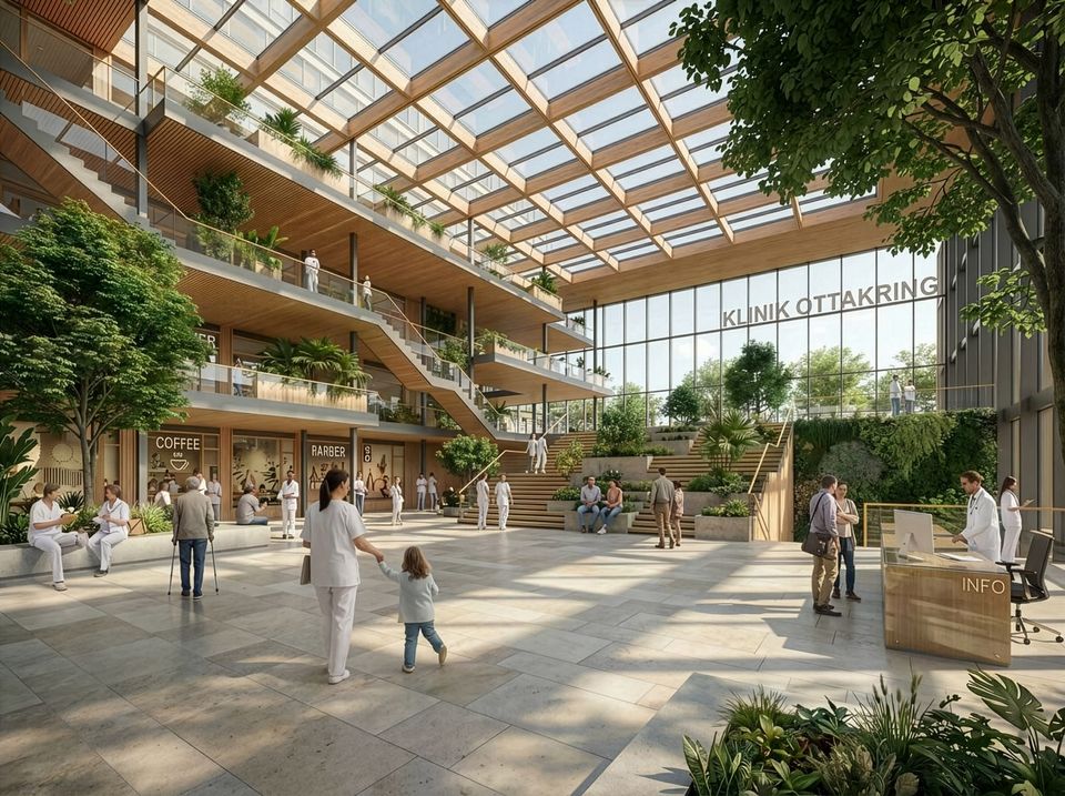 Interior rendering of a spacious hospital foyer featuring multi‑storey gallery levels, a transparent roof structure, seating and lounge zones and integrated greenery.