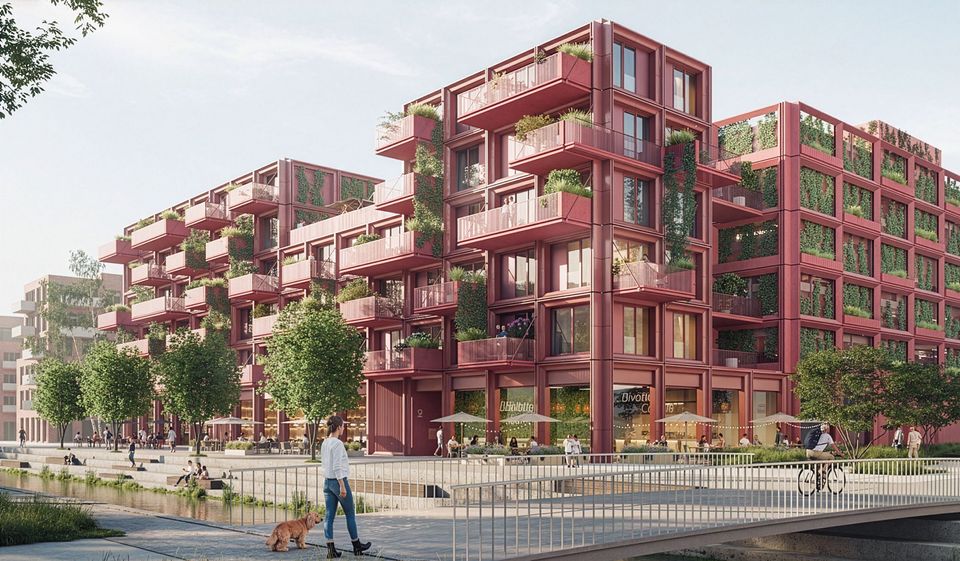 Exterior rendering of a modular residential and commercial building featuring green facades, spacious balconies and publicly accessible ground-floor areas by the water.