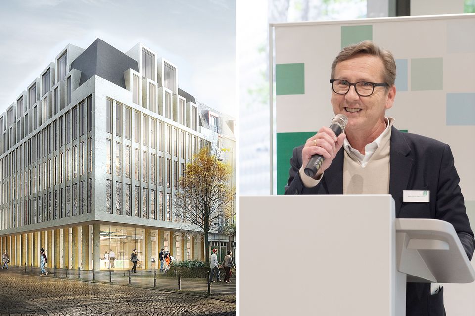 left: Visualisation of the PSD Bank Cologne, right: HPP Senior Partner Remigiusz Otrzonek speaking at the opening of the PSD Bank