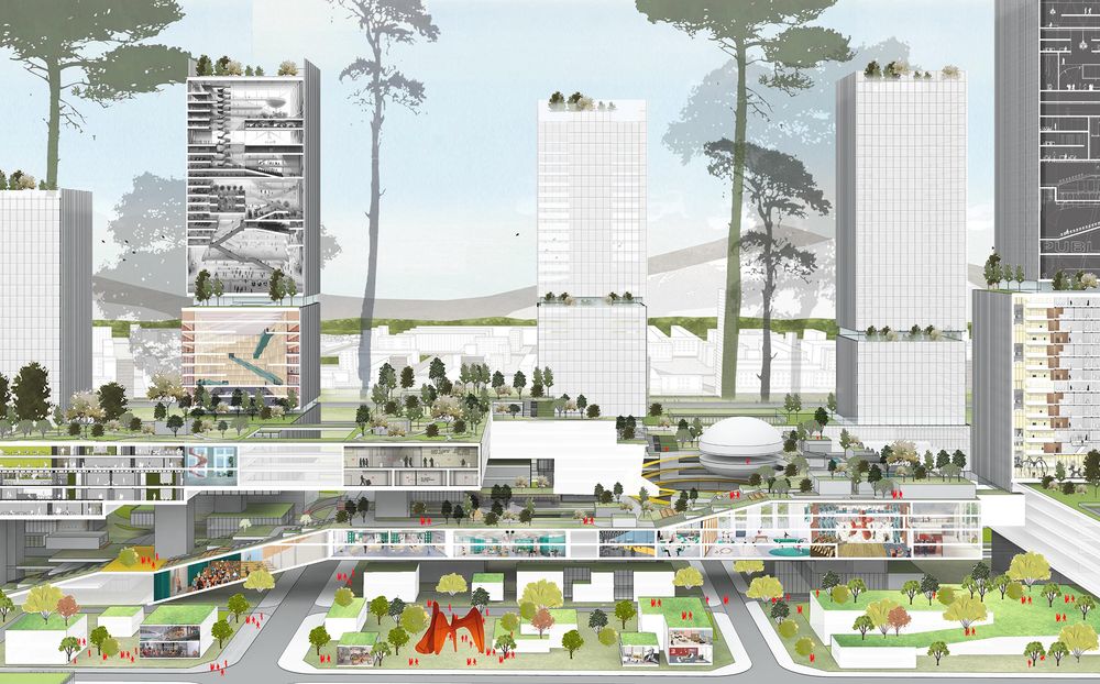 Illustration und Gebäudequerschnitt des Nanshang Science & Technology Innovation Centers