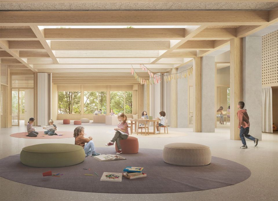 Interior rendering of a spacious group room with timber supports, skylight, play and learning zones and clear visual connection to the surrounding landscape.