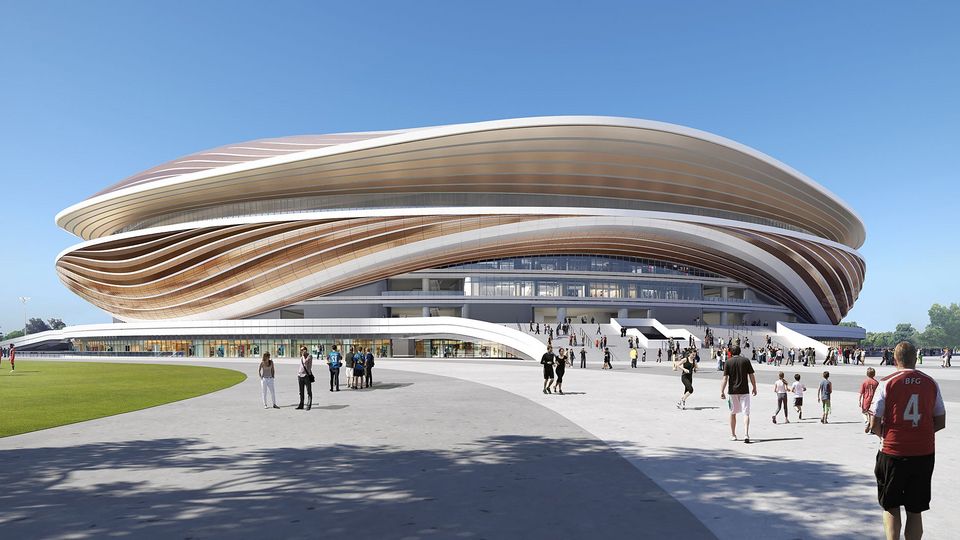 Exterior rendering of an arena with an organic roof shape and a wide, open entrance zone.