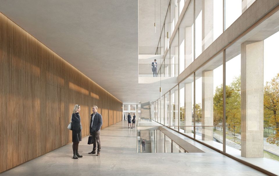 Visualised interior view of a spacious foyer with wood panelling, floor-to-ceiling glass fronts and minimalist staircase