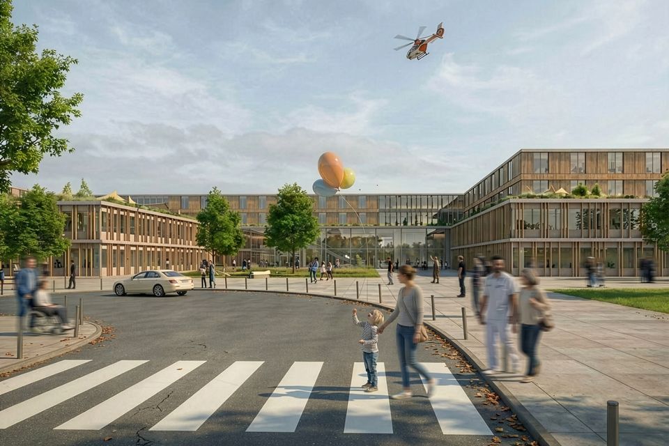 Exterior rendering of a hospital building with elongated volumes, landscaped roof areas, connected pathways and an open forecourt within the urban setting.