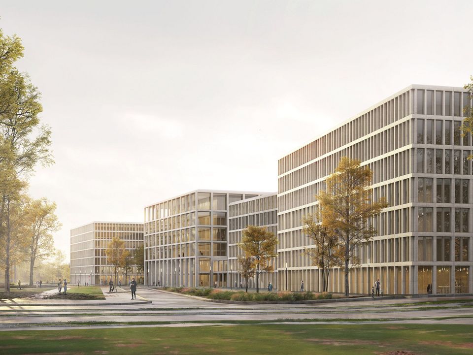 Visualised view of an office complex with a clear grid façade, rectangular structures and green outdoor areas in park-like surroundings
