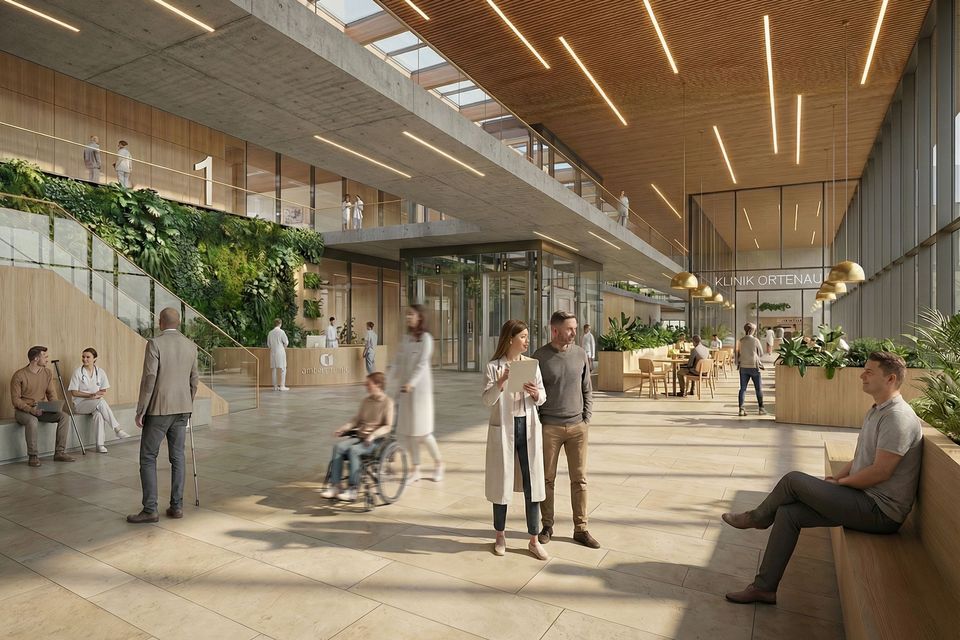 Interior rendering of a spacious hospital foyer featuring multi‑storey gallery levels, planted wall surfaces, a central reception area and open lounge zones.