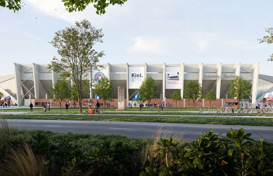 Side view of the modernised stadium featuring a rhythmic column structure, a wide forecourt and visitors along the circulation paths.