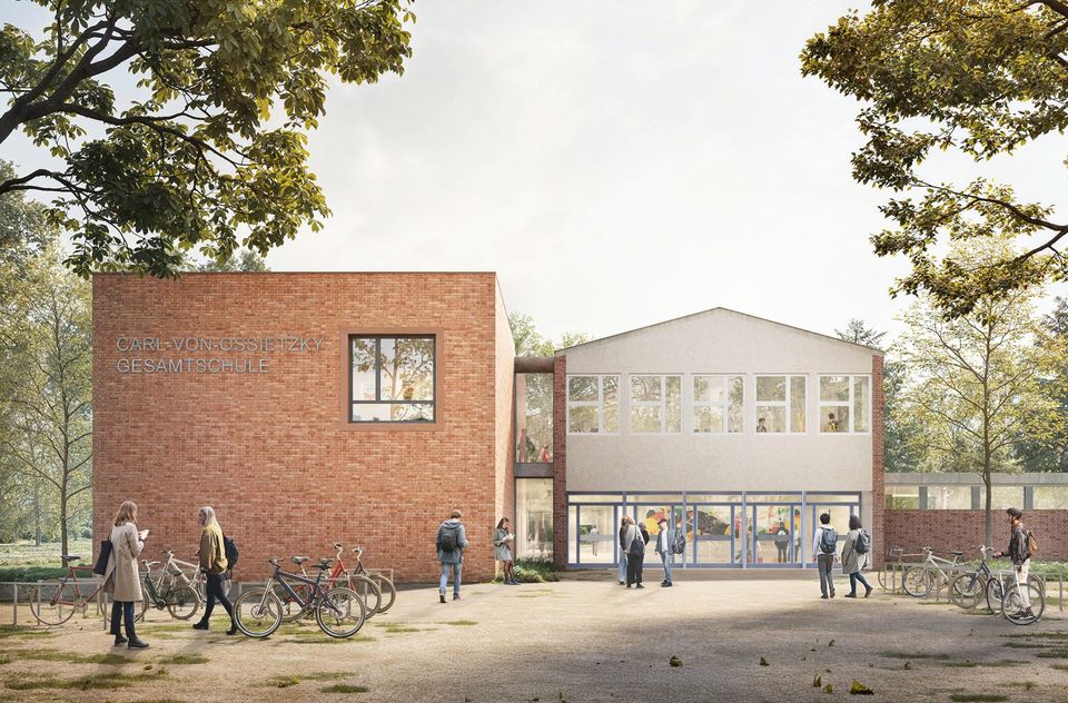 Exterior rendering of a school building featuring a two‑storey entrance zone, structured masonry and plaster façades, and an open forecourt with bicycle areas.